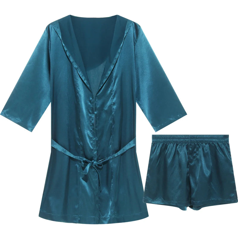 Mens Hooded Bathrobe Shorts Set Pajamas Night Robe Dress Gown Male Silk Satin Nightgown Kimono Bathrobe Sleepwear House Robe Men