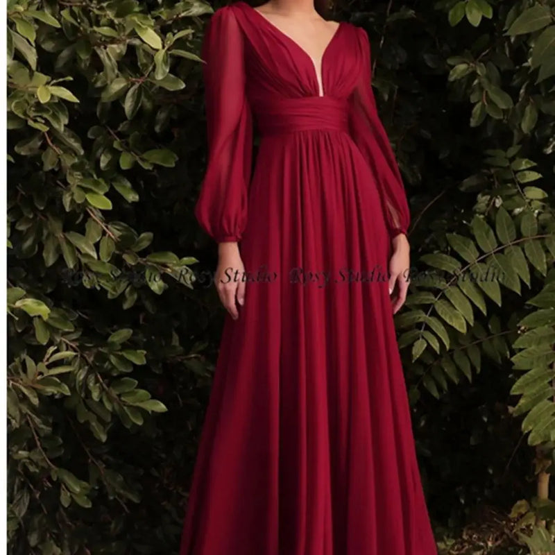 New Simple V Neck Long Bridesmaid Dresses with Sleeves | SAMAG