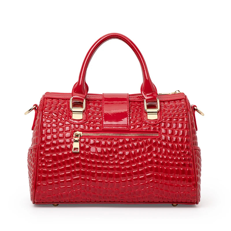 Aidrani Red Genuine Leather Crocodile Tail Boston Bag Women's Fashion Cowhide Handbag Single Shoulder Bag