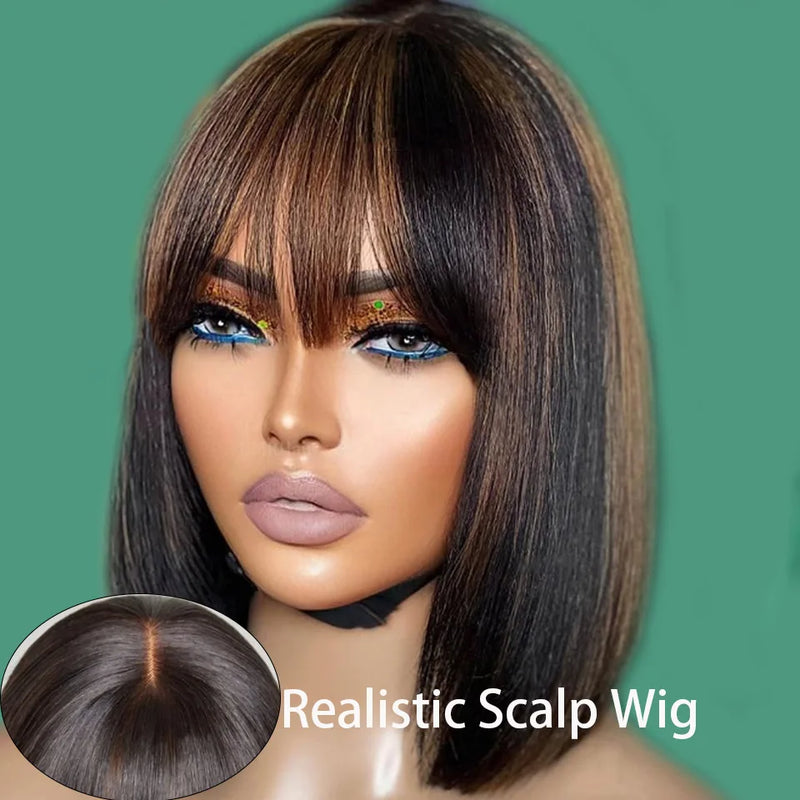 Put On And Go Easy Wear Human Hair Bob Lace Straight Wigs With Bangs Middle Part Bangs Wigs Brazilian Remy Hair Wigs Real Scalp