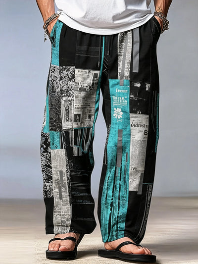 Men's Black Teal Patchwork Newspaper Print Wide Leg Pants Elastic Drawstring Loose Trousers For Retro Street Casual | SAMAG