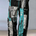Men's Black Teal Patchwork Newspaper Print Wide Leg Pants Elastic Drawstring Loose Trousers For Retro Street Casual | SAMAG