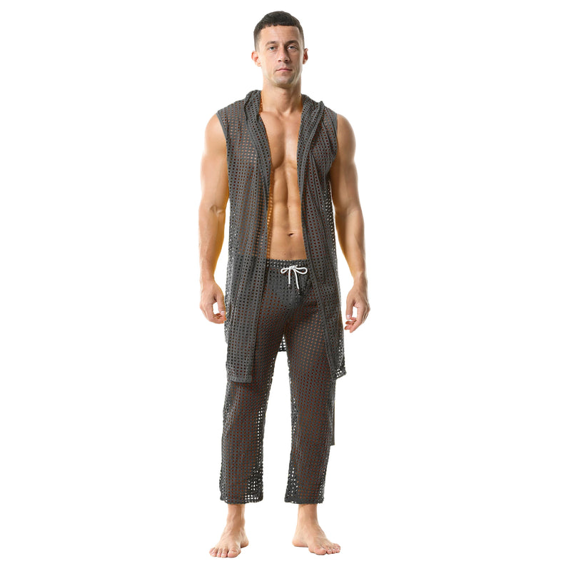 Men's Fishnet Hollow Out Robes Classic Lounge Pants Sexy Sleepwear Mens Robe Sets Daily Home Sleeveless Bathrobes Hooded Pajamas