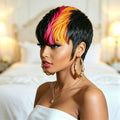 Human Hair Short Pixie Cut Wig, Brown And Pink Orange Streaks, Full Machine Made, Easy Wear For Women, Perfect For Family Party
