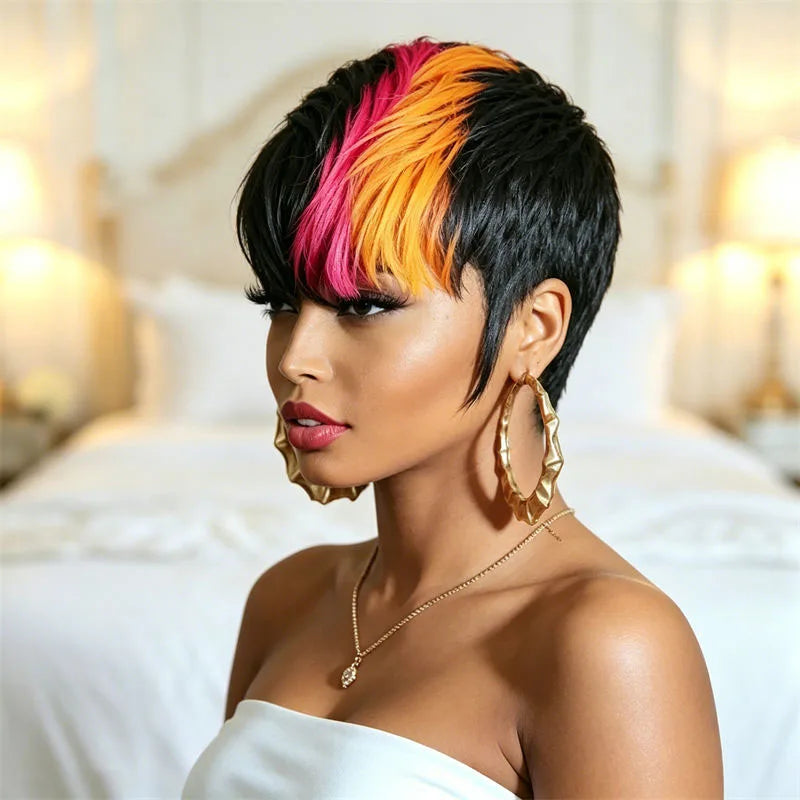 Human Hair Short Pixie Cut Wig, Brown And Pink Orange Streaks, Full Machine Made, Easy Wear For Women, Perfect For Family Party