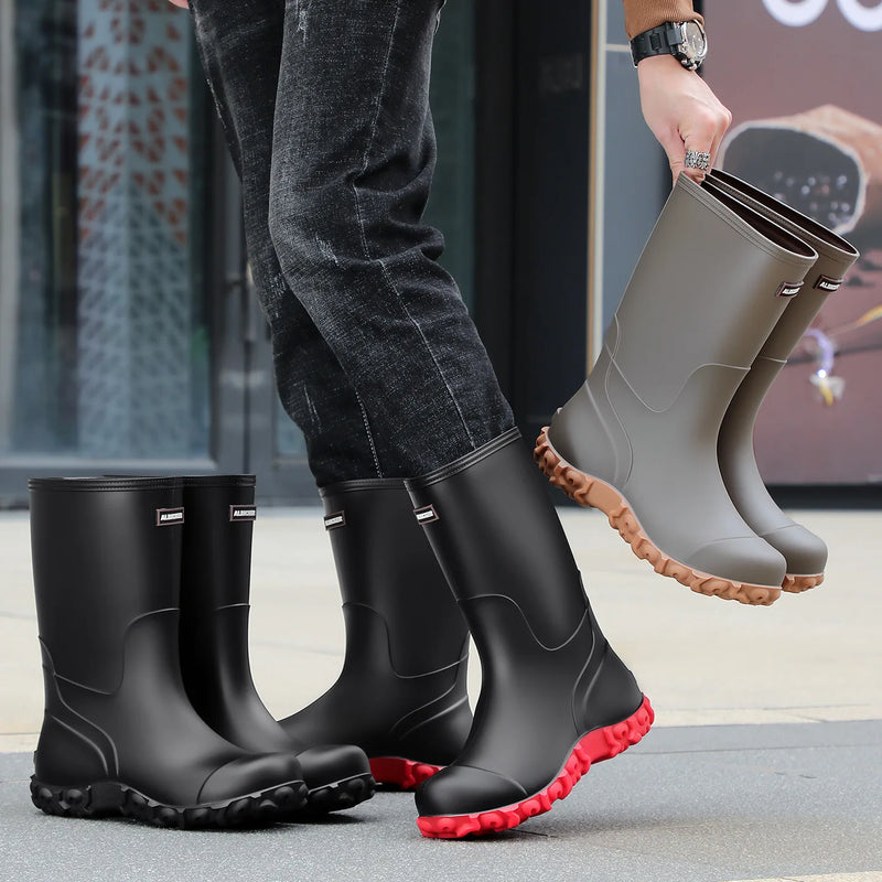 Men's Rain Boots Long Tube Water Shoes Non-slip Waterproof Safety Work Shoes Black Red High-Top Fishing Boots With Cotton Socks