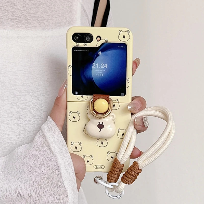 Cute 3D Bear Hand Strap Case for Samsung Galaxy Z Flip 6 5 4 3 Lanyard Ring Holder Shockproof Cover for Samsung Flip6 ZFlip5