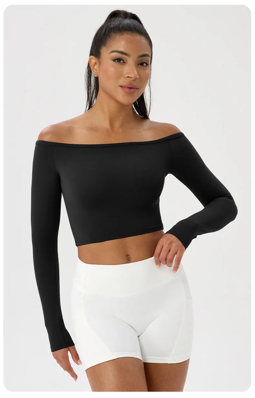 Long Sleeve Yoga T-Shirt for Women, Off Shoulder, Sexy Tight Gym Workout Top, Naked Feeling, Quick Dry Sports Activewear