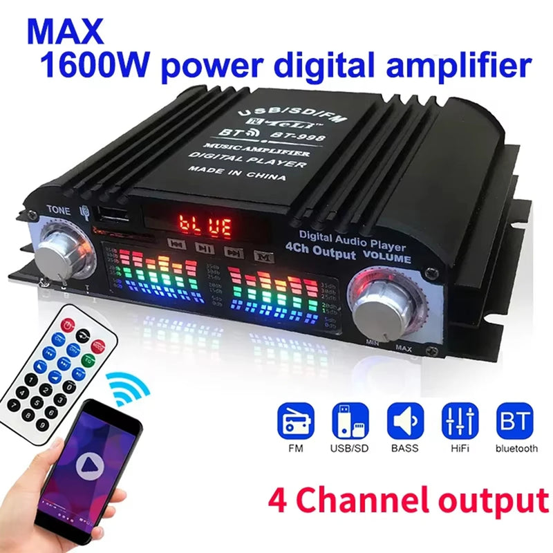 HiFi Sound Amplifier 4 Channel Digital Audio Bluetooth Amplifier Power Karaoke Player FM Radio Support Remote Control