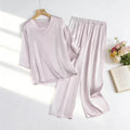 20MM 100% Natural Mulberry Silk Satin Pajama Set Solid Color V-neck Three-quarter Sleeve Tops Pants Women's Home Suit Set