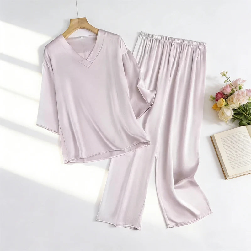 20MM 100% Natural Mulberry Silk Satin Pajama Set Solid Color V-neck Three-quarter Sleeve Tops Pants Women's Home Suit Set