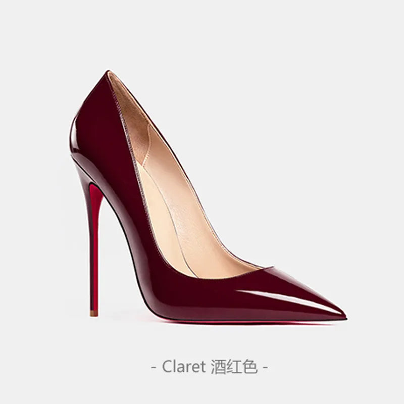 2025 European and American slim and sexy high heels, pointed shallow mouth black patent leather temperament work shoes