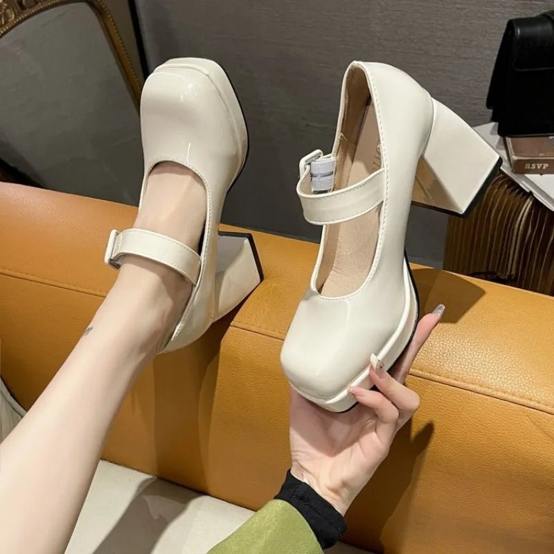 Lady Mary Jane Shoes 2024 New Square Toe Platform Women High Heels Big Size 35-44 Women's Chunky Heels Non-slip Pumps