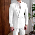 Men's Linen Suit 2-Piece Khaki Shawl Collar Double-Breasted Slim Fit Breathable Jacket and Pants Formal Set for Summer Business