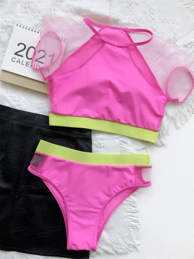 Sexy Mesh Tankini Patchwork High Waist Swimsuit O - neck | SAMAG