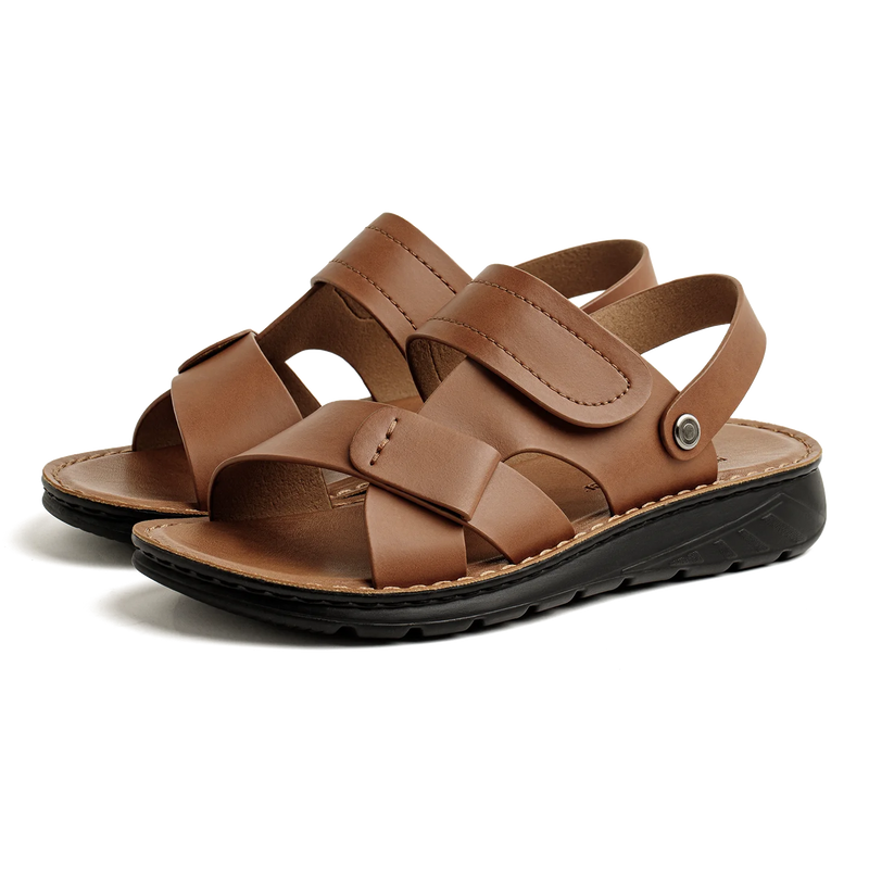Maden Men's Summer Outdoor Sandals 2-in-1 Beach Slides Synthetic Leather Business Casual Driving Shoes Brown Adjustable Sandals