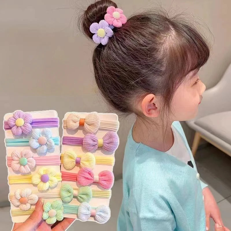 6pcs/Set Cute Children Hair Rope Bowknot Rubber Band Girl Baby Bow Flower Elastic Head Rope Hair Ring Accessories Wholesale