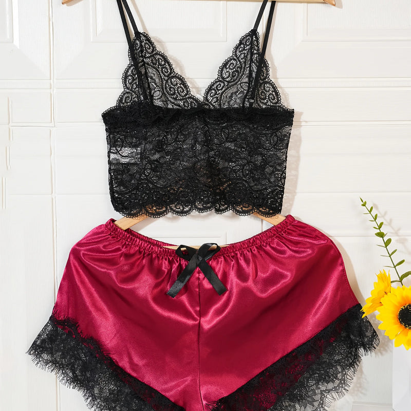 Women Satin Pajama Set Robe Lace Lingerie Sexy Silk | SAMAG