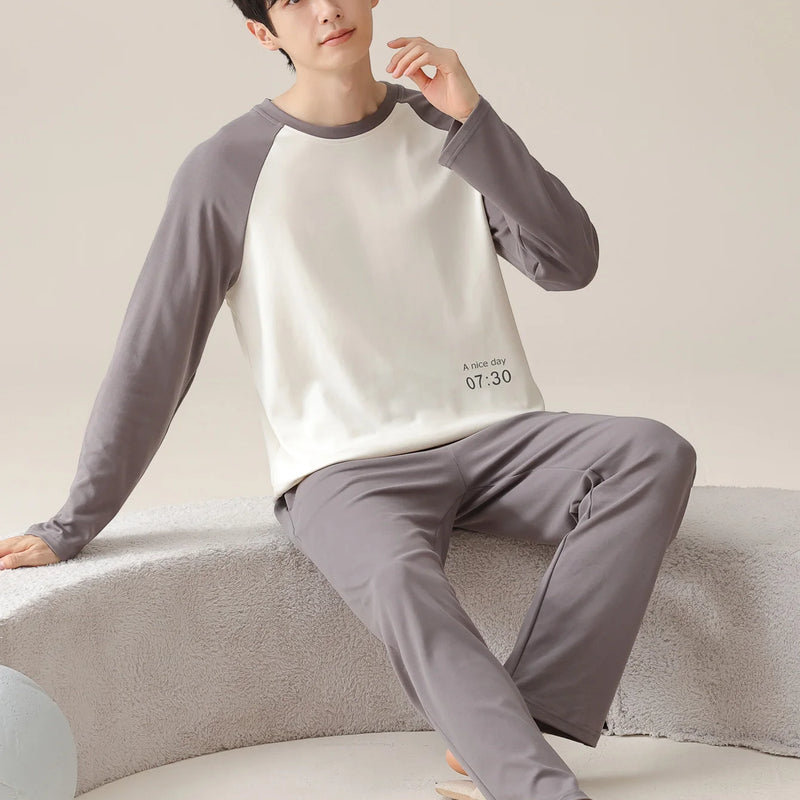 Men's 100% Cotton Long Sleeved Four Season Plus Size Men's Sleepwear, Teenage Pure Cotton Home Suit Set for Warmth