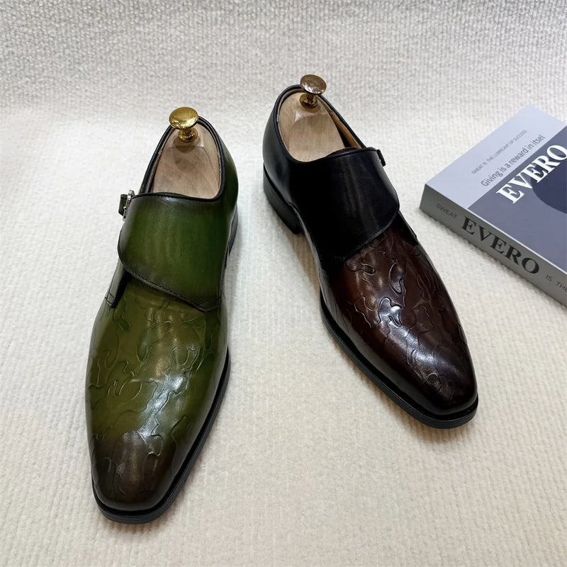 British Style Calfskin Monk Shoes Men's Loafers Green Slip-on Formal Party Shoes Men's Buckled Suit Dress Shoes