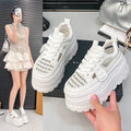 Women White Platform Sneakers Hollow Mesh Lace Up Height Increasing Casual Shoes Soft Thick Sole Daily Walking Sports Footwear