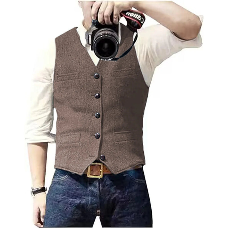 Men's Suit Vest V Neck Wool Herringbone Tweed Casual Waistcoat Formal Business Vest Groomman