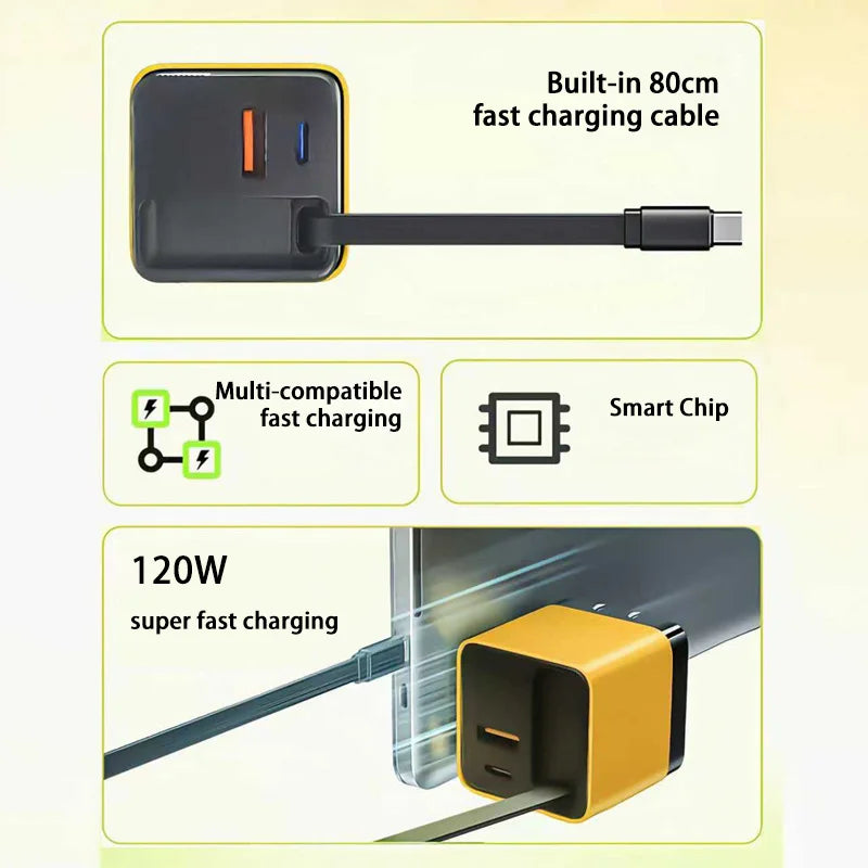 3 In 1 120W GaN Charger USB Type C Fast Charging Phone Charger Adapter With Retractable USB C Cable Wall Plug For iPhone Huawei