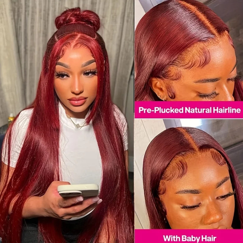 99J Burgundy Lace Front Wig Human Hair 13X6 HD Transparent Straight Lace Frontal Wigs for Women Pre Plucked 200% Density Pre Plucked Invisible Pre Cut Lace Brazilian Virgin Hair