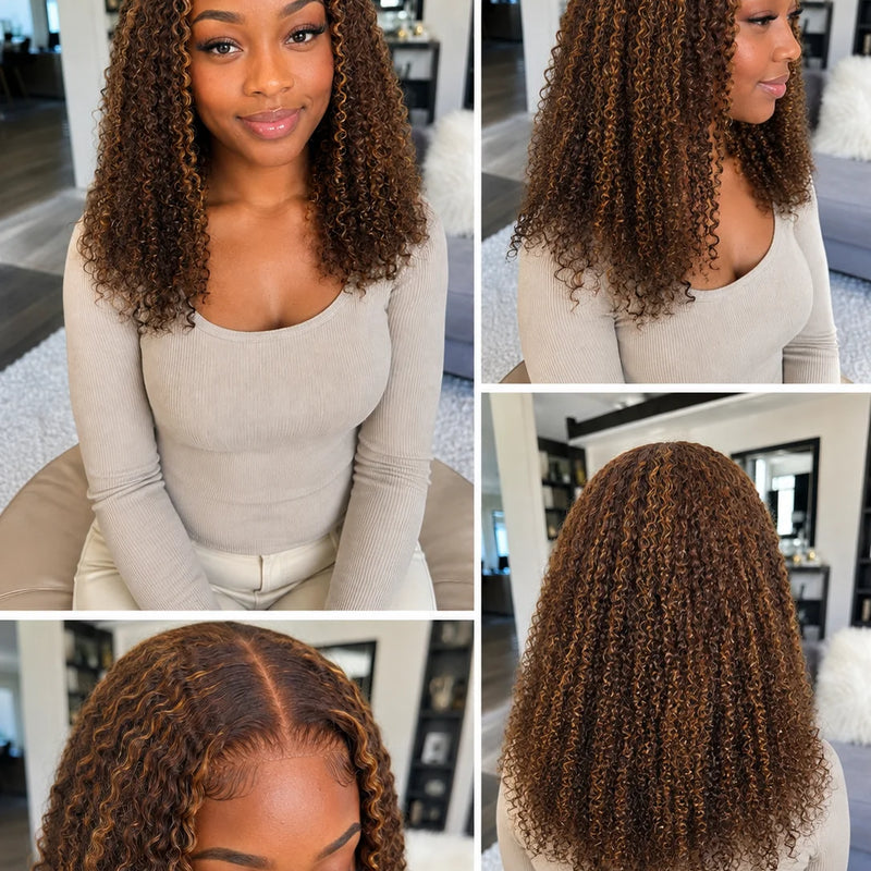 TIMOPOL 20 Inch Jerry Curly Human Hair Wig P4/27 Highlight 13x4 Lace Frontal, Glueless Pre Plucked with Baby Hair Curly Wig for Black Women