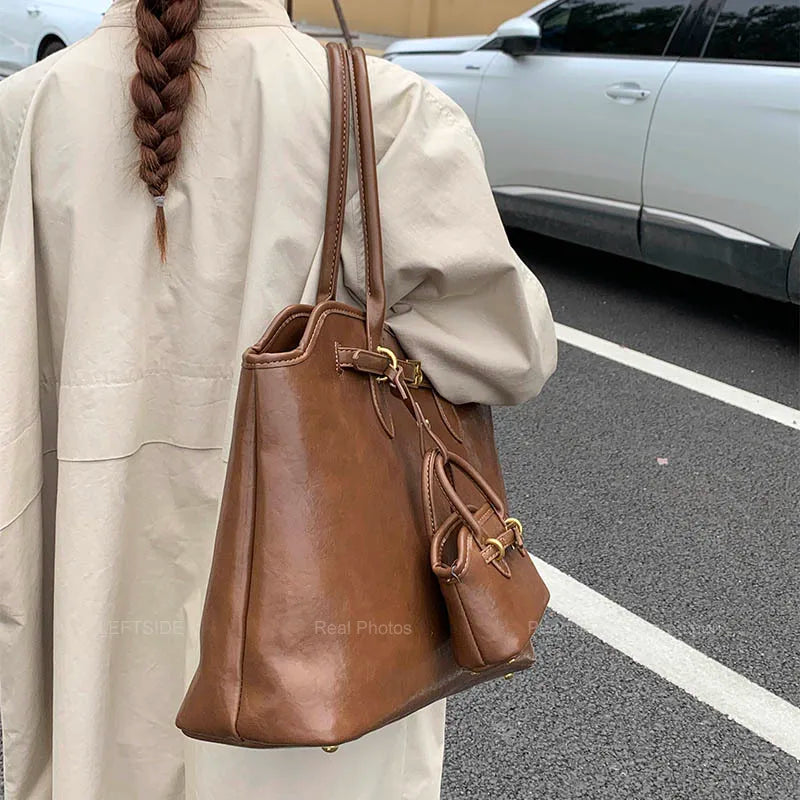 LEFTSIDE Big PU Leather Short Handle Shoulder Bag for Women 2025 Winter Luxury Tote Bag Lady Designer Retro Handbags and Purses