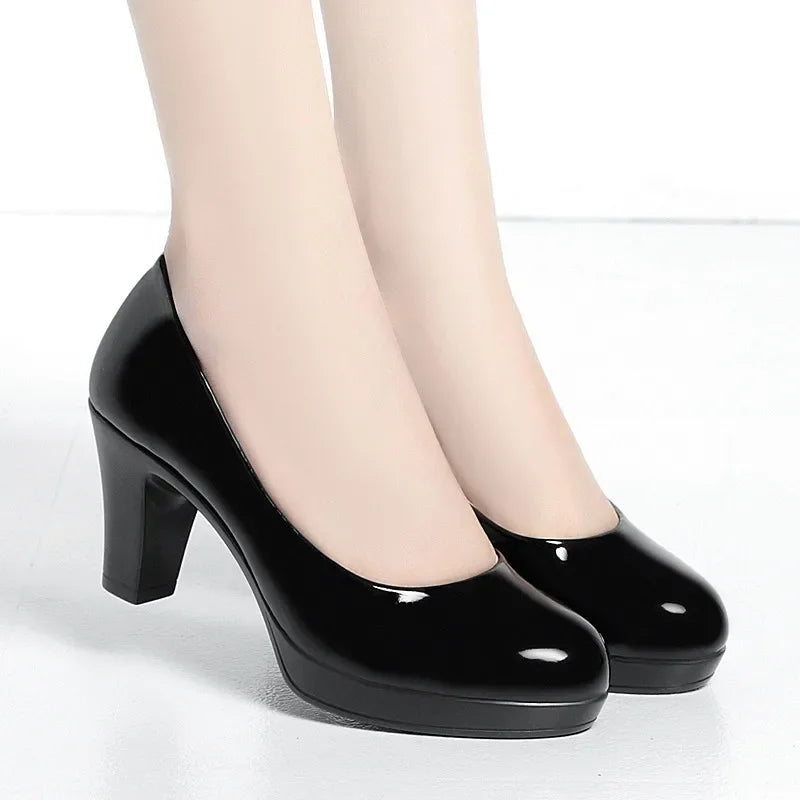 6cm 8cm Plus Size 34-42 Elegant Patent Leather Shoes Women's Platform Pumps 2026 Spring Shallow Med Block Heels Shoes Office Mom