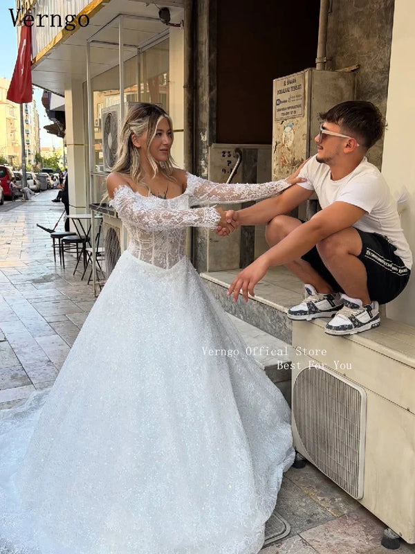 Verngo Luxury Shiny Appliques Wedding Dress Off - View 4 | SAMAG