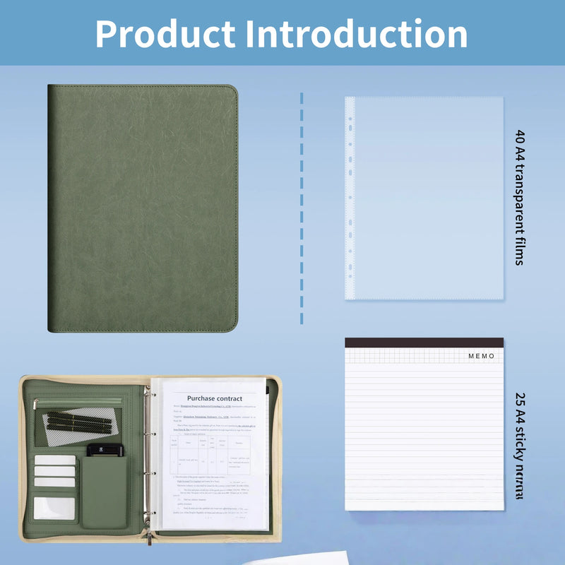 New A4 multi-function business zipper bag, 4-ring binder + writing pad + storage bag, pleated texture PU  leather cover