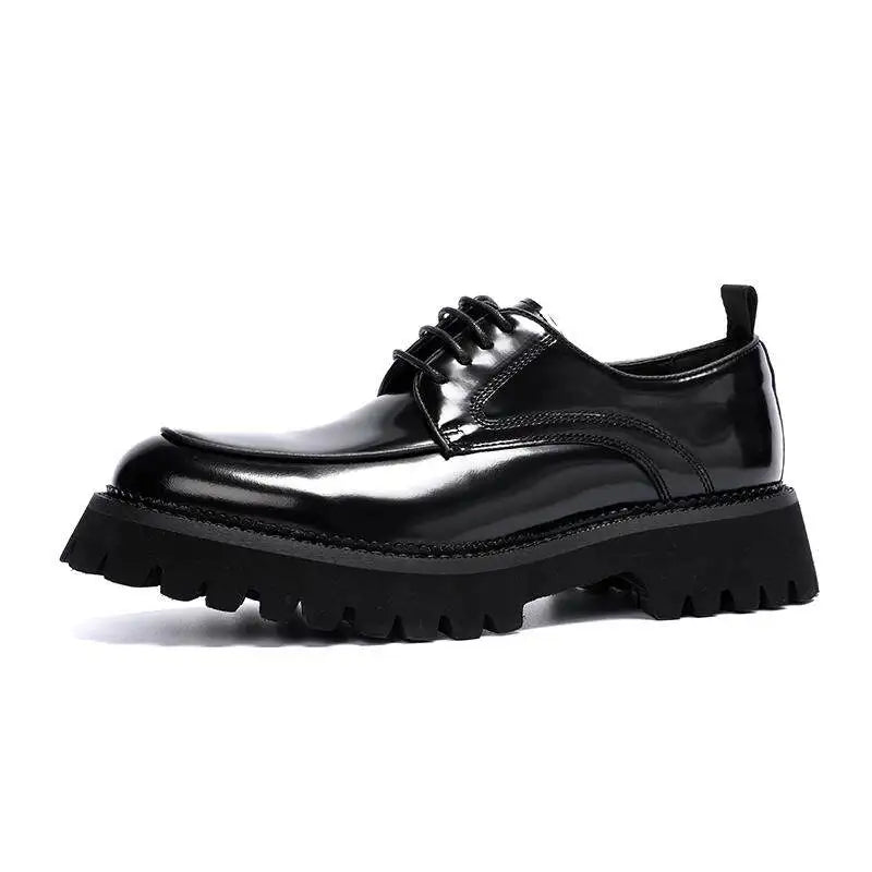 Men's Spring Formal Leather Derby Shoes Glossy Genuine Leather Thick Sole Height Increasing Business Casual Wedding Shoes