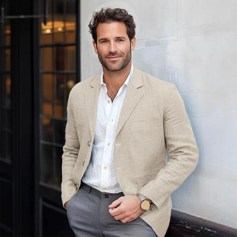 Men's Blazer Jacket Linen Tuxedo Single - Breasted Summer Casual Groomsmen For Wedding Pocket Clothes Office - View 3 | SAMAG