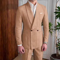 Men's Linen Suit 2-Piece Khaki Shawl Collar Double-Breasted Slim Fit Breathable Jacket and Pants Formal Set for Summer Business