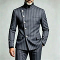 Men's Pinstripe Business Suits Single Breasted Stand Collar Slim Fit Suit Jacket Pants 2 Pieces Formal Tuxedo for Wedding Party
