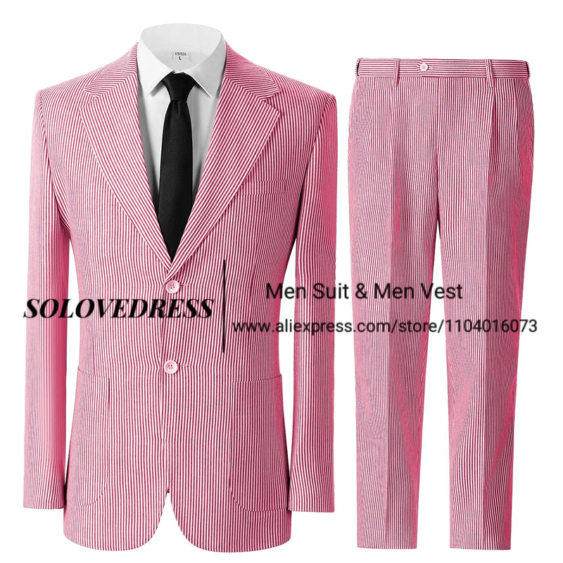 Men's Seersucker Striped Suits 2 Piece Slim Fit Summer Casual Pinstripe Suit for Men Wedding Grooms Blazer Jacket Pants Sets