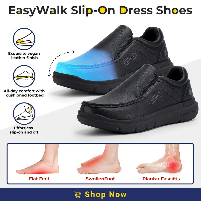 Fitville Men'S Slip-On Casual Shoes Leather Shoe Wide Width 2E Lightweight For Swollen Feet With Arch Support Pain Relief