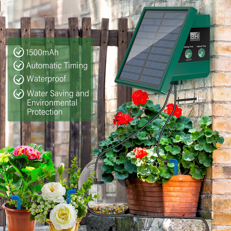 Solar Drip Irrigaton System,  Automatic Watering System with 300 Watering Programmes, Garden Watering Kit with 10M Hose&10 Drip Tips etc, Suitable for Vegetables/Potted Plants/Fruit Trees