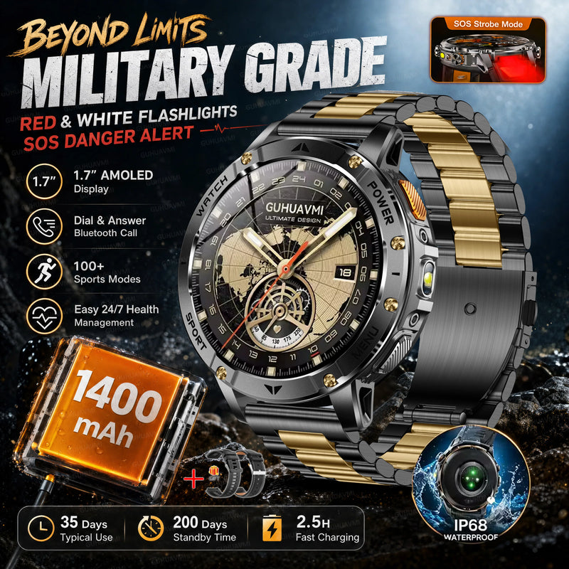 2026 New Military TANK 1400mAh Battery Smart Watch IP68 Waterproof LED Flashlight Heart Rate Sports tracker SOS Smart Watch Men