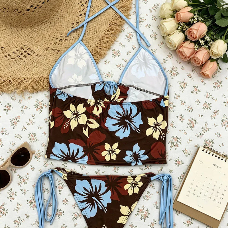 Vintage Y2K Ladies Flower Tankini Swimsuit Halter Neck | SAMAG