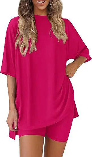 2026women's New Fashion Trend Basic High-quality Casual Round Neck Slit Loose Casual and Comfortable Women's Two-piece Home Suit