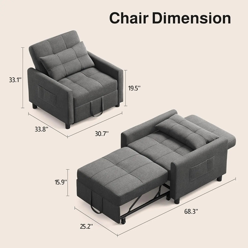 Convertible Sleeper Sofa Bed 3-in-1 Adjustable Linen Fabric Small Space Grey Customized