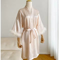 White Bride Wedding Robe with Feathers Women Satin | SAMAG