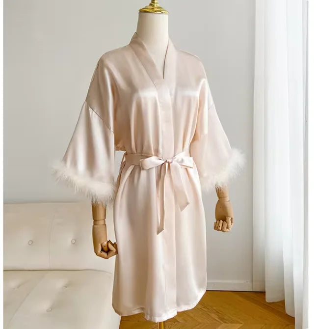White Bride Wedding Robe with Feathers Women Satin | SAMAG