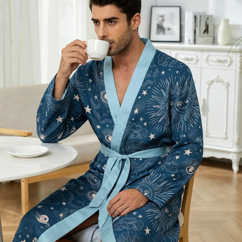 Men's lightweight quick-drying pajama bathrobe - 3D digital printing, non-fading design, stand-up collar and adjustable waistban