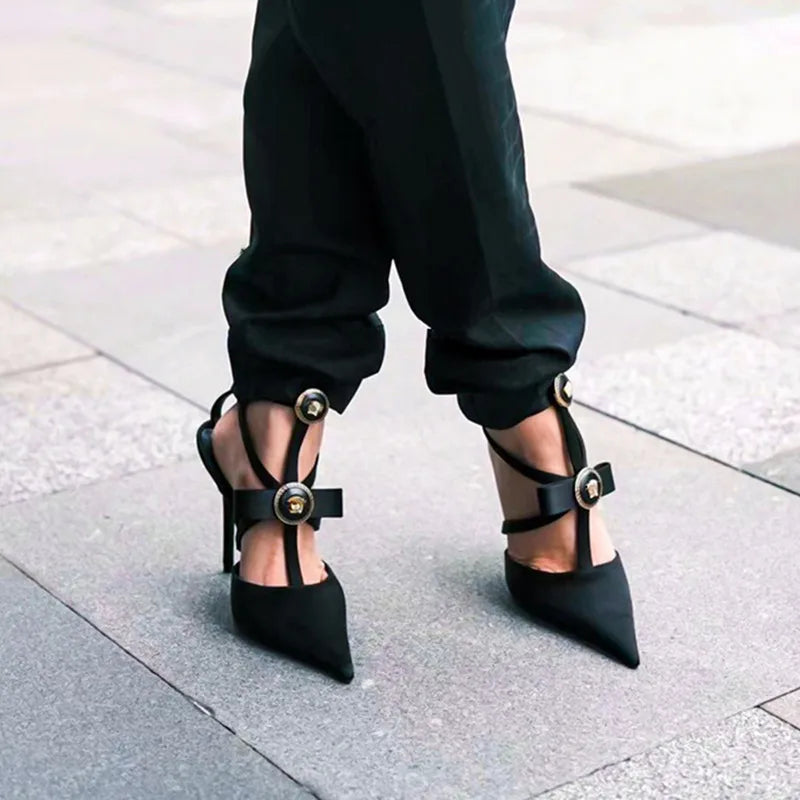 2025 New Bow Tie Thin Heel Pointed Toe Sexy Roman Straight Strap High-heeled Sandals for Women