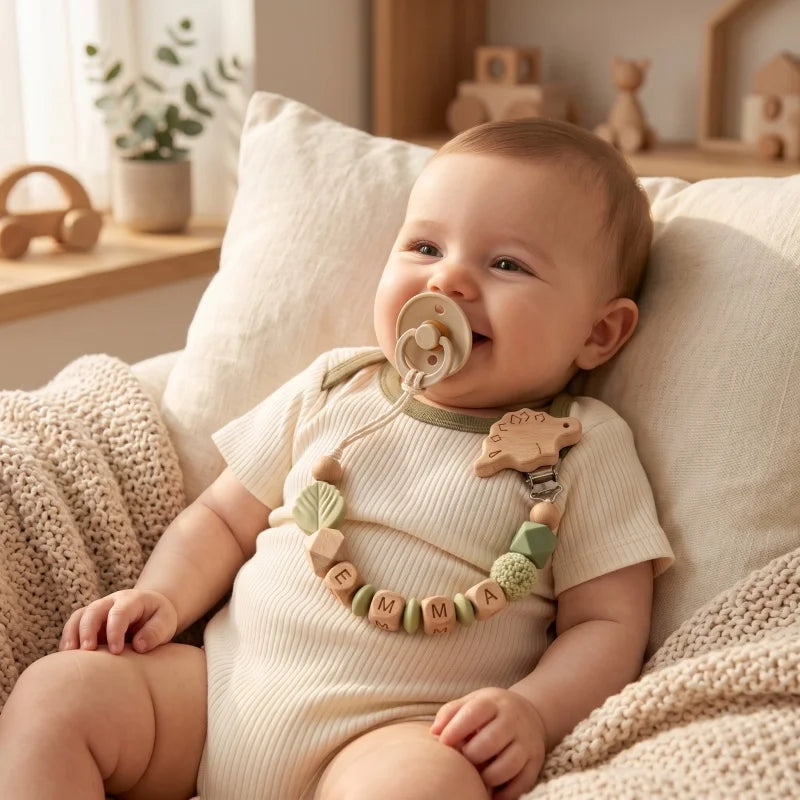 Personalized Name Pacifier Clip Silicone Wooden Dinosaur Baby Teether Holder BPA Free Custom Soother Chain Handmade Dummy Clip