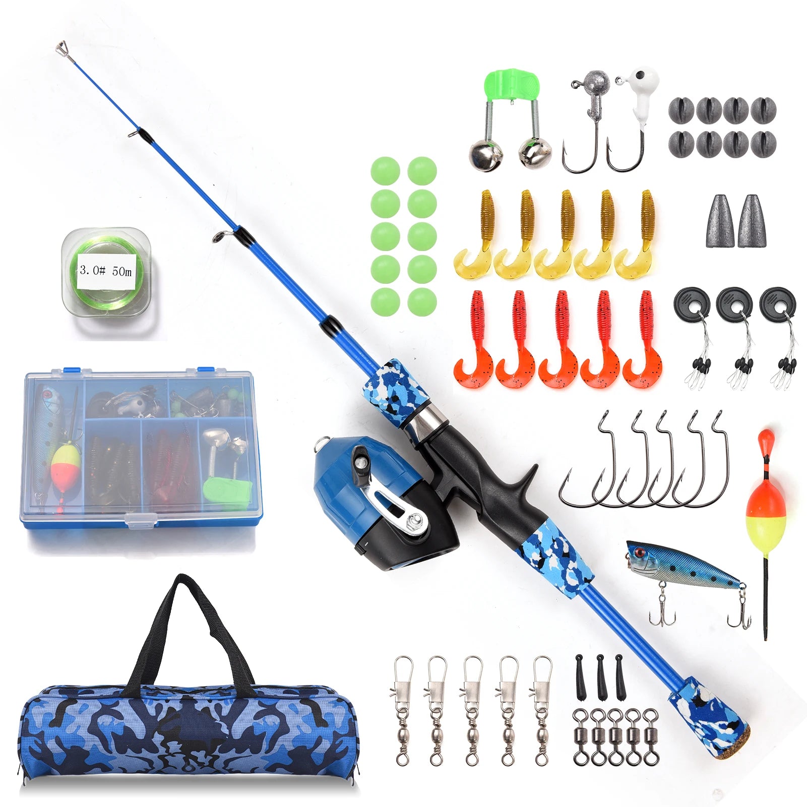 Kids Fishing Rod and Reel Combo Full Kit 1.2m/1.5m Telescopic Casting Rod Pole with Spincast Reel and Hooks Lures Swivels Carry